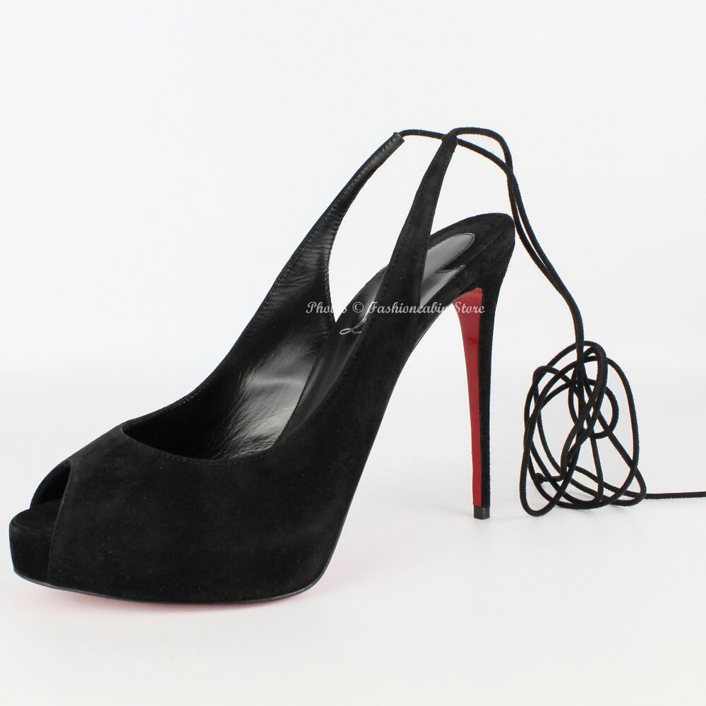 NEW Christian Louboutin Black EU 37/US 7 Suede Pumps Peep-Toe Slender Straps